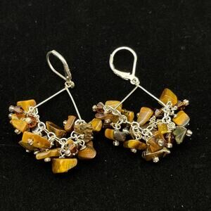 Sterling Silver 925 Brown Tiger's Eye Beads Dangling Chunky Statement Earrings